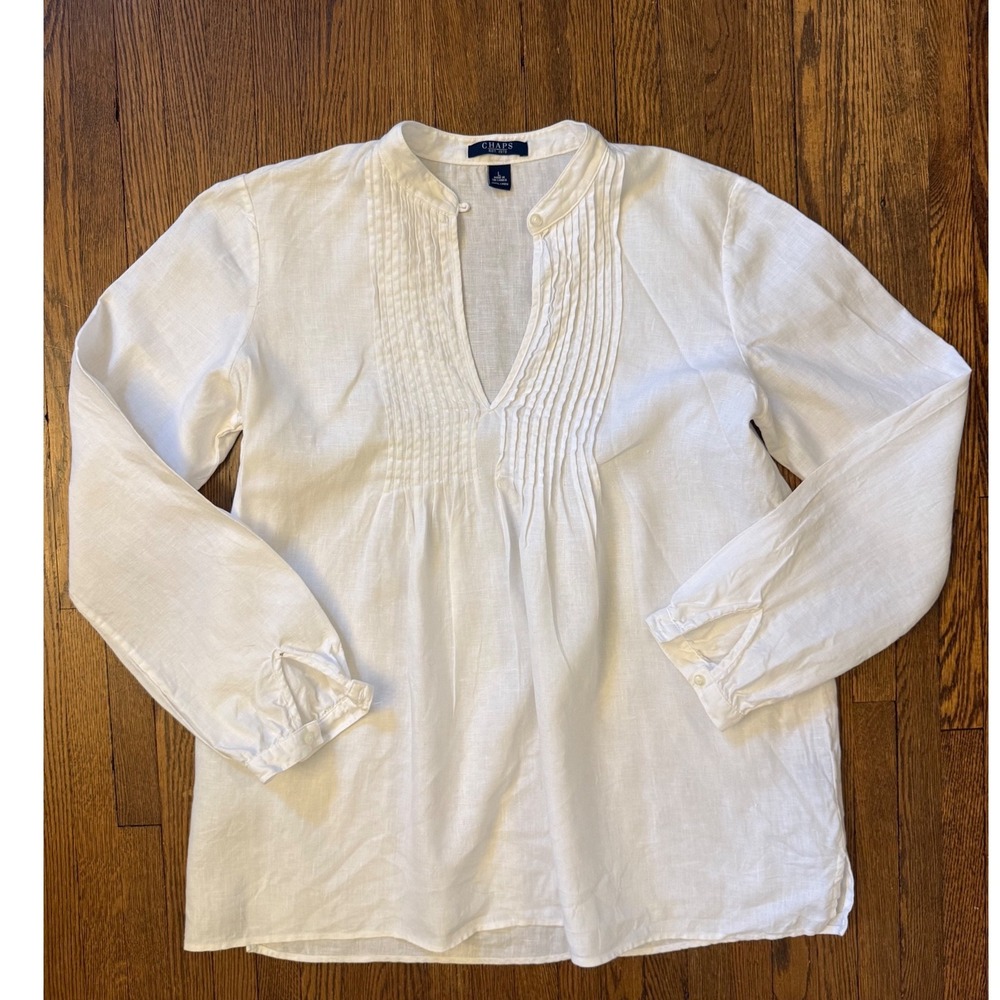 Chaps Womens White 100% Linen Pintuck V-Neck Tunic Blouse Top Large